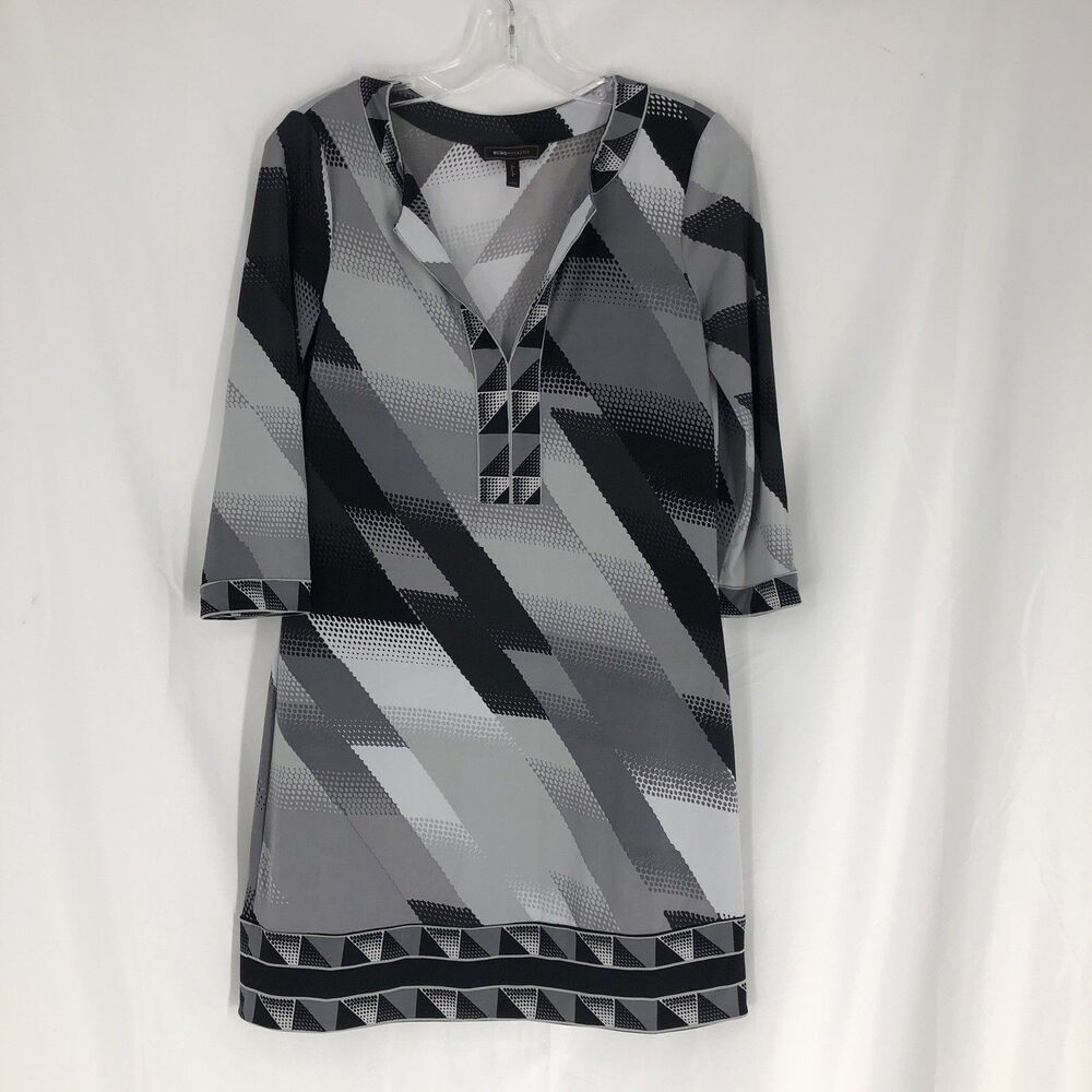 Bcbg Max Azria Dress Grey Geometric Print V-Neck Stretch Knit Shift Dress Sz XXS